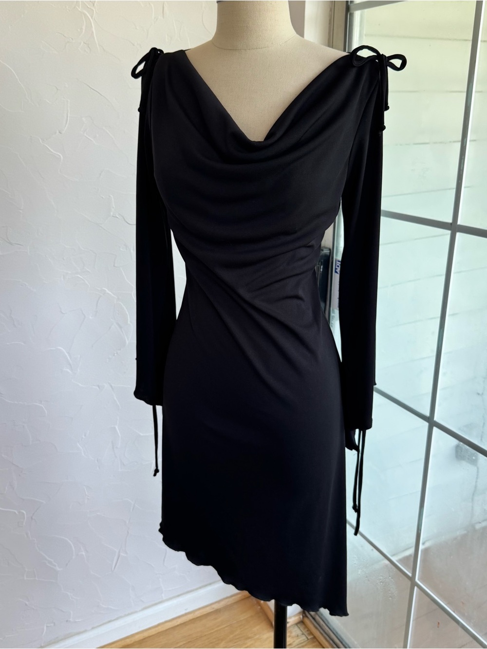 Vintage 90s La Belle Black Cowl Neck Dress Size M Asymmetrical Tie Shoulder